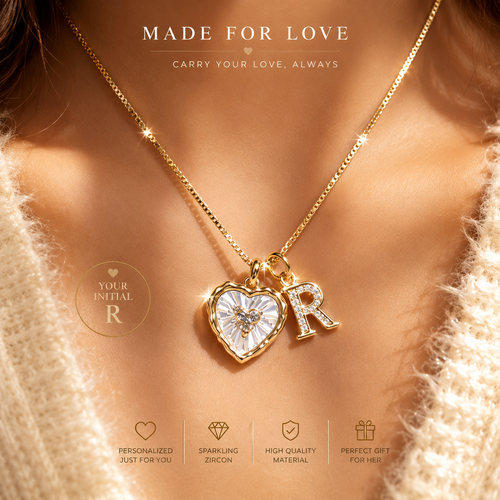 ❤️ Personalized R Initial Heart Necklace – Elegant Gold Crystal Pendant for Women