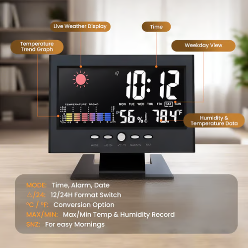 Digital LED Temperature Humidity Monitor Weather Forecast LED Table Alarm Clock