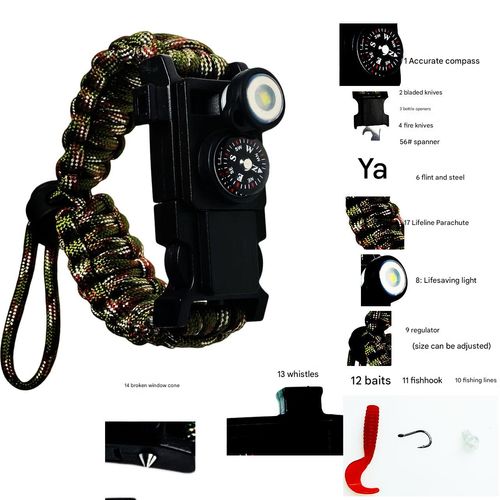 Umbrella rope bracelet, outdoor life-saving supplies, multifunctional small knife, broken window bracelet, LED light, outdoor survival SOS bracelet