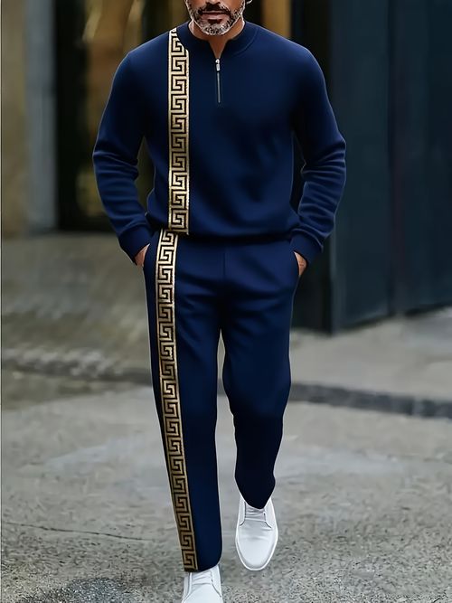 Men long-sleeve and long-pant casual fashion set with a half-zip placket