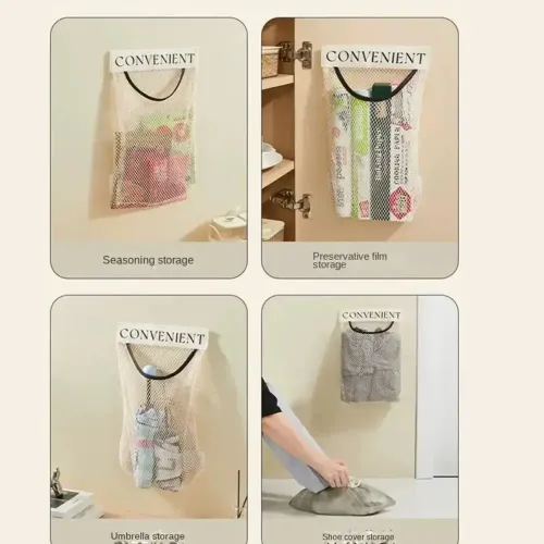 Hanging Mesh Storage Bag, Large-Capacity Wall-Mounted Organizer For Storing Kitchen Utensils, Groceries, Plastic Bags.