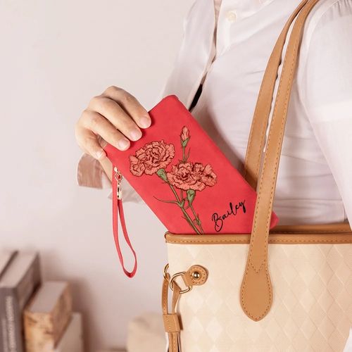 Custom Name Watercolor Birth Flower Tri-Fold Wristlet Wallet, Leather Card Holder with Wrist Strap