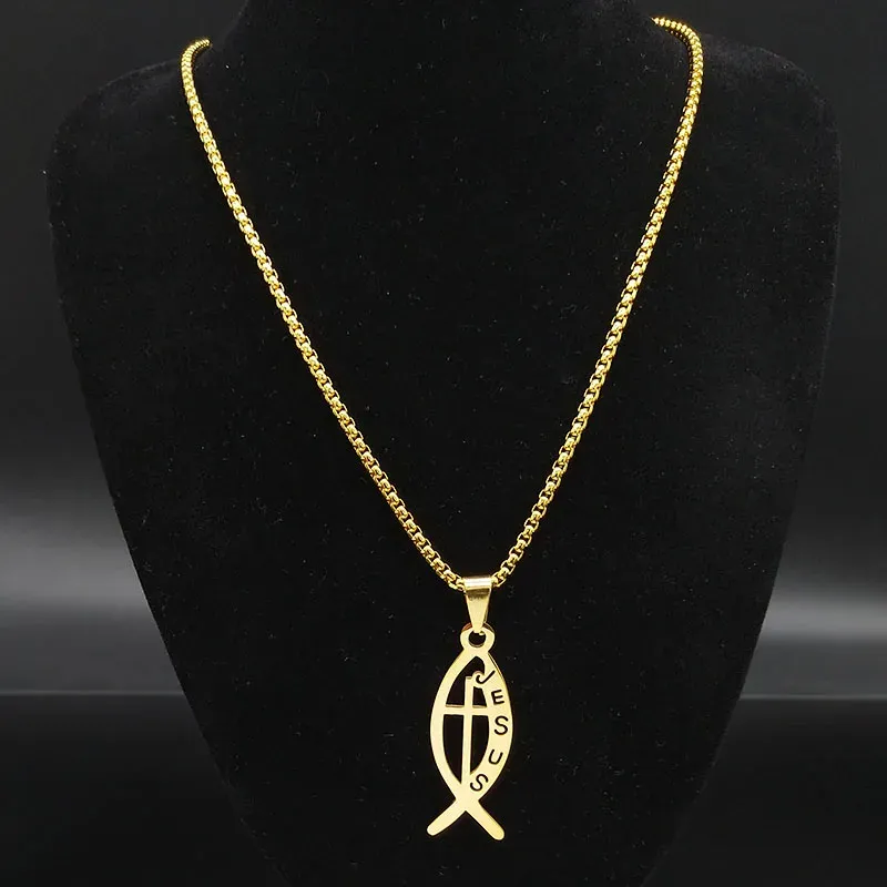 Ichthys Jesus Fish Cross Christ God Pendant Necklace for Women Men Stainless Steel Gold Color Christian Chain Jewelry N1482S02