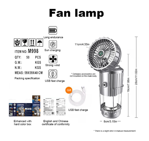 Solar Camping Lantern with Fan USB Rechargeable Emergency Hanging Light for Camping Tent Hurricanes Power Outages Storm