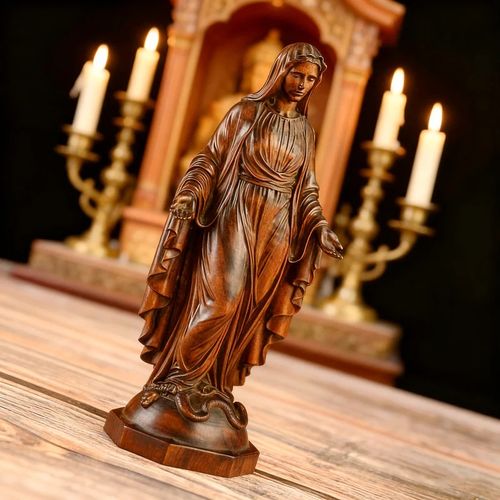 Hand Carved Sacred Heart of Jesus Virgin Mary Wooden Tabletop Ornament