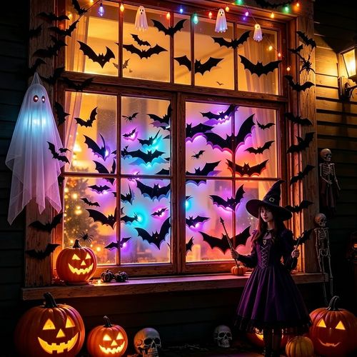 Halloween Glow-in-the-Dark Bat Wall Decals (24 Pack) – Spooky Decorative Stickers with LED Lights