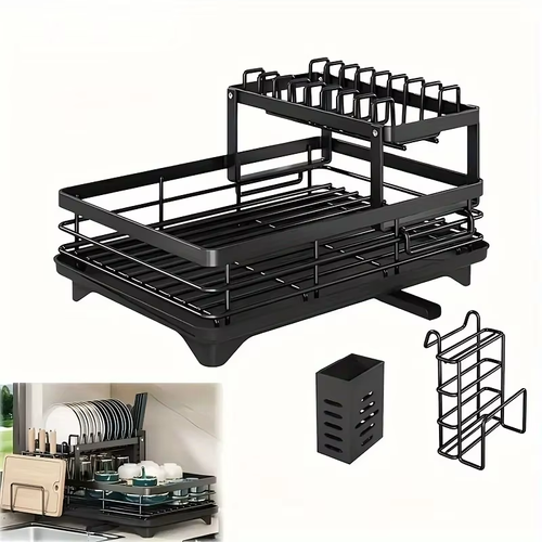 2-Layer Dish Drain Rack Is Suitable for Kitchen Countertop Metal Dish Drain Rack with Knife Cup Tableware Rack with Drain, Glass