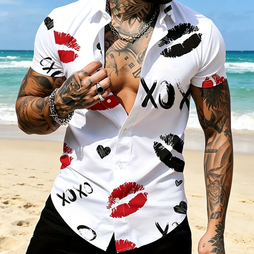 Men's Kiss Print Short-Sleeve Button-Up Shirt