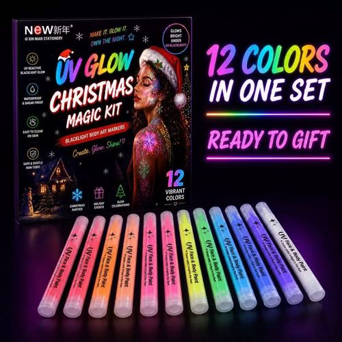 12 Colors Glow Face Paint Markers Black Light Reactive Non-Toxic UV Neon Face Paint Water-Based Easy Wash Off Washable Makeup
