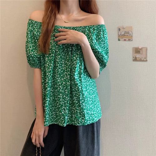 Floral Print One-Shoulder Short-Sleeve Women's Shirt Sexy Clavicle Exposure Design Sensual Summer New Style Bangkok Style
