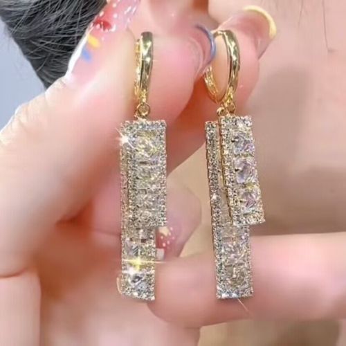 Fashionable luxury gold-plated rectangular diamond double zircon earrings rectangular crystal square zircon tassel earrings