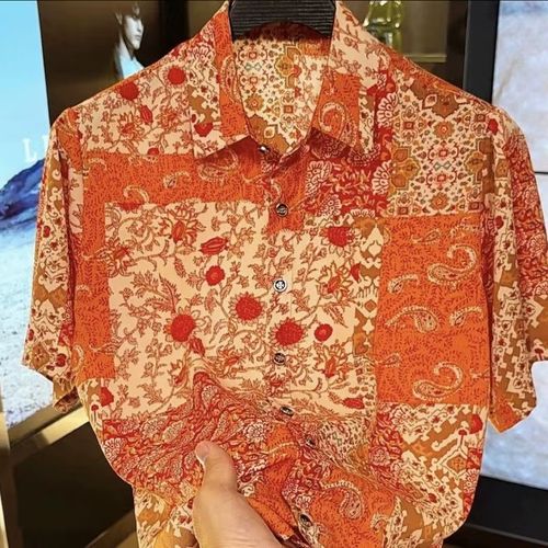 Summer New Men's Printed Short Sleeve T-Shirt Fashionable Vacation Style Ice Silk Lightweight Trendy Shirt Casual Loose Fit