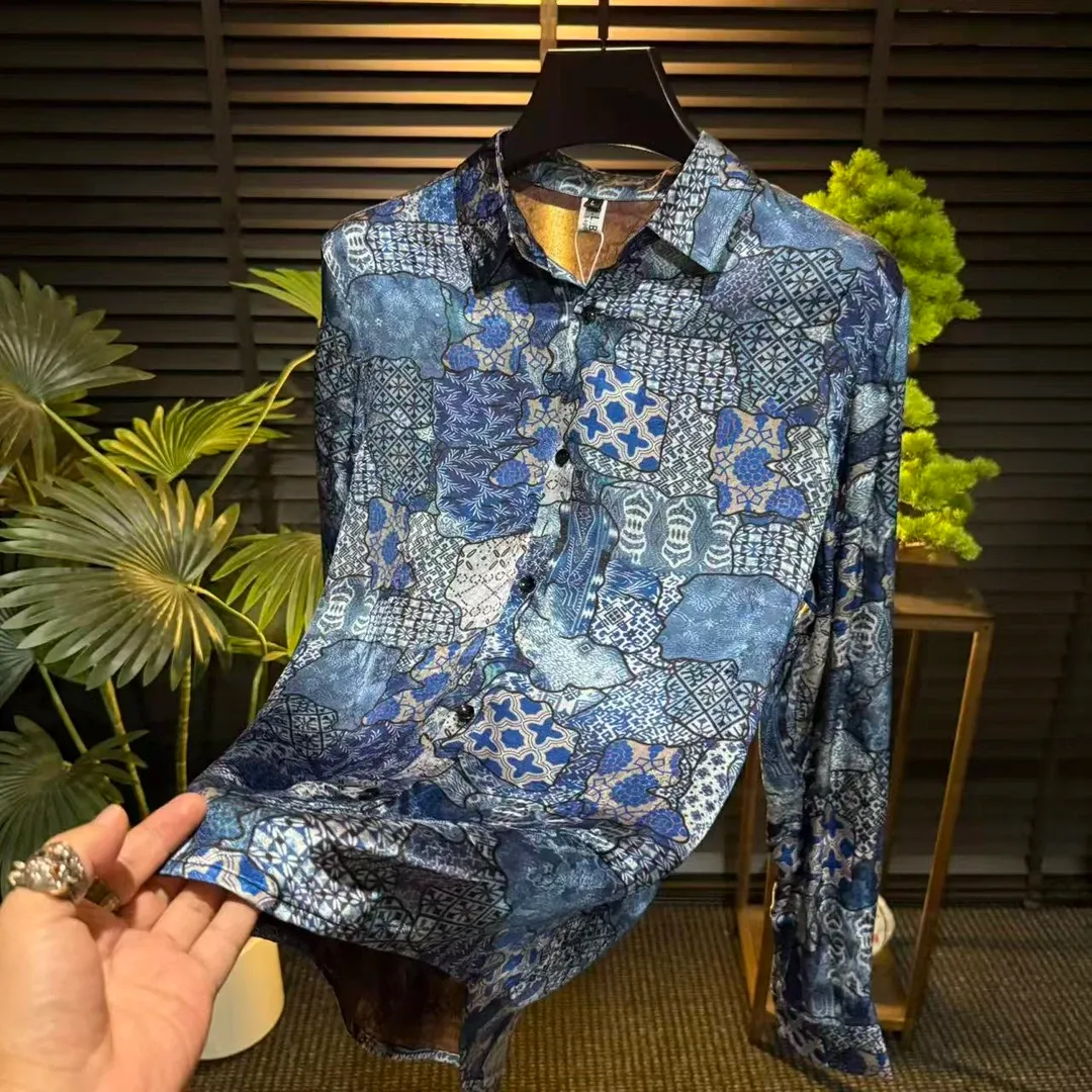 Men's Breathable Long-Sleeve Ice Silk Acetate Shirt