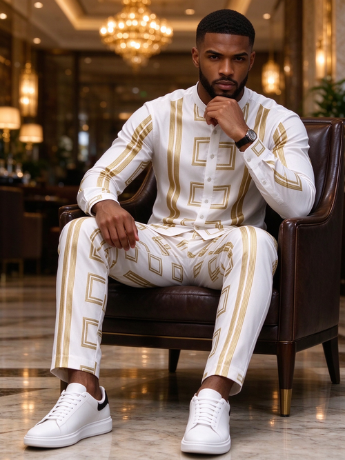 Men's gold-toned geometric-patterned suit
