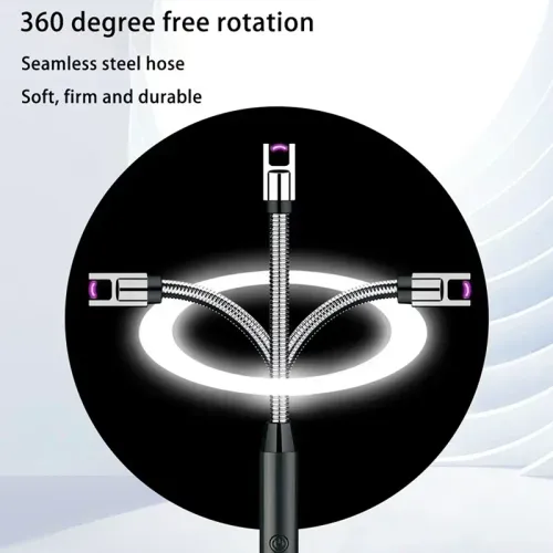 Electronic lighter, USB rechargeable electronic lighter with battery indicator and intelligent power-off function, 360° flexible neck, suitable for candles, gas stoves, cooking, and camping.
