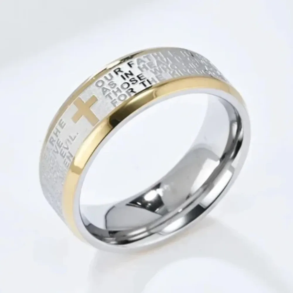 Vintage Cross Scripture Ring Fashionable Men's Stainless Steel Prayer Talisman Rings Catholic Faith Jewelry Gifts