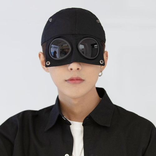 Aviator-style baseball cap with built-in sunglasses