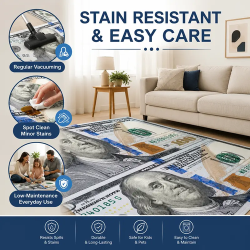 Cotton Flat Weave Home Decorative Rug - $100 Bill Print, Anti-Shrink, Washable, Non-Slip Rubberback Floor Runner, Modern Multicolor, for Bedroom, Hallway