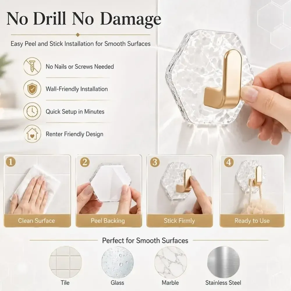 20Pcs Hexagonal Shape Self Adhesive Hooks Water Ripple Texture Waterproof Adhesive Hooks Heavy Duty Rustproof No Drill Hooks