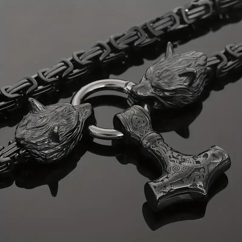 Punk rock titanium hammer pendant necklace, Viking style wolf head totem accessories, let the wolf head bring you different courage