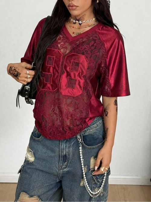 Siren Chic Women Perspective Lace Spliced T-Shirt 2026 New Printed Loose Short Sleeve