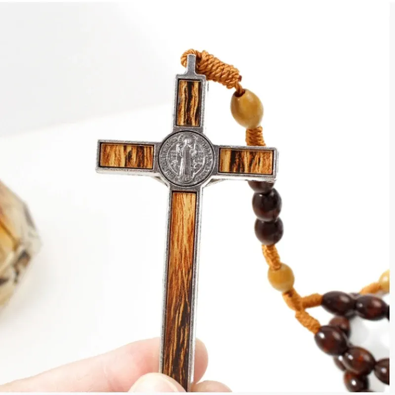2026 New Christ Jesus Wooden Bead Cross Car Pendant Woven Rope Chain Necklace Religious Orthodox Praying