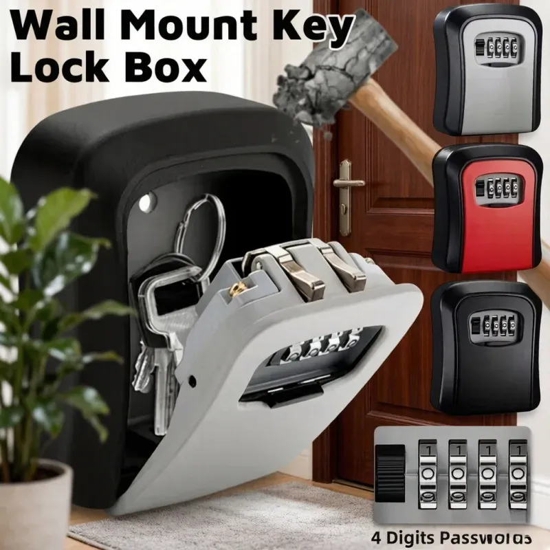 Wall Mount Key Lock Box, 4 Digit Password Code Security Lock, No Key Key Safe for Home Office Secret Storage Organizer