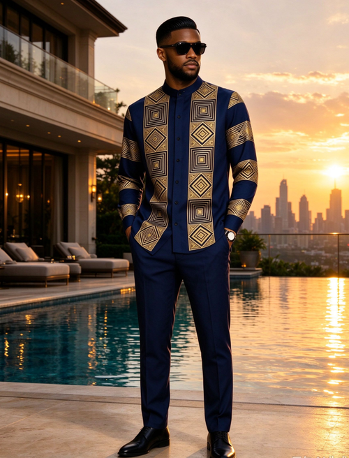 Plus Size Men's Elegant Geometric Print Two-Piece Set – Long Sleeve Shirt & Tailored Pants