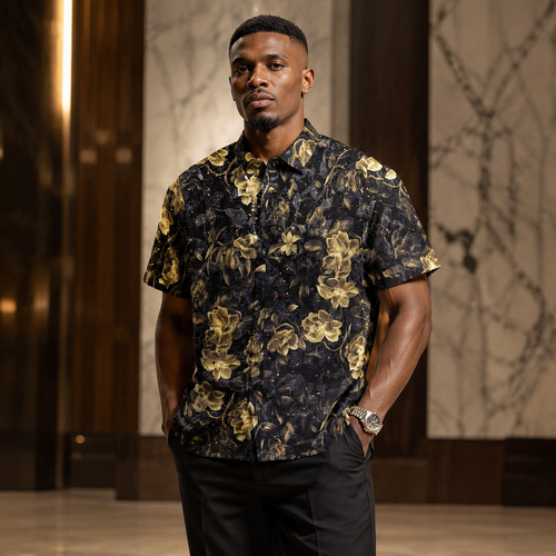Short-sleeved shirt with a vintage golden rose print.