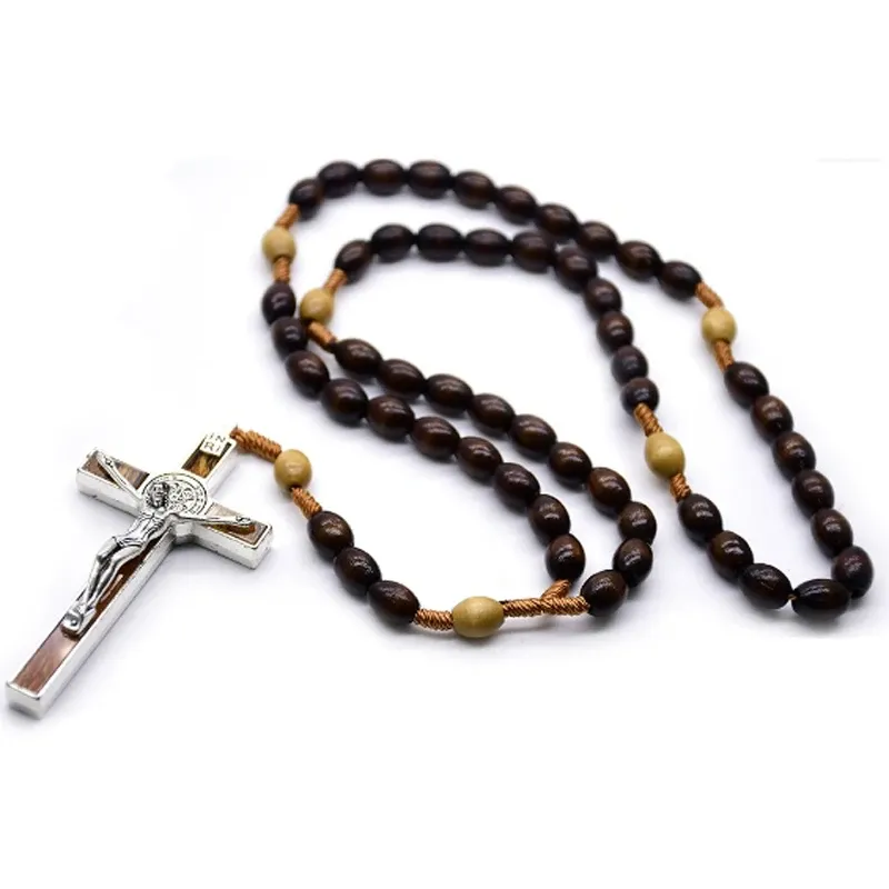 2026 New Christ Jesus Wooden Bead Cross Car Pendant Woven Rope Chain Necklace Religious Orthodox Praying