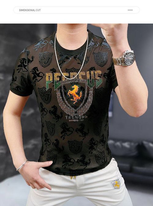Men's Short-Sleeve Crew-Neck T-Shirt with Warhorse Motif, Iridescent Crystals, and Flocked Jacquard Detail