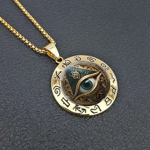 Ancient Egyptian Eye Pattern & Hieroglyphic Stainless Steel Pendant Necklace for Men, Retro Style Talisman Chain