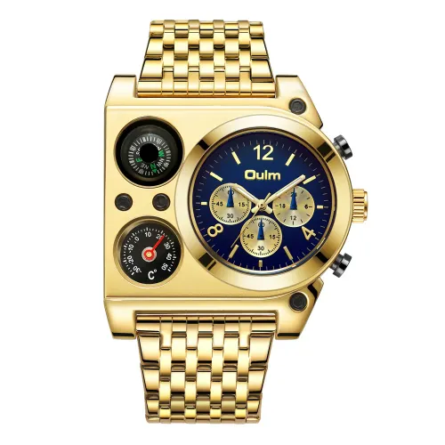 OULM Army Military Watch compass Temperature Display Movement Three Time Clock Big Dial Quartz Men WristWatch relogio masculino