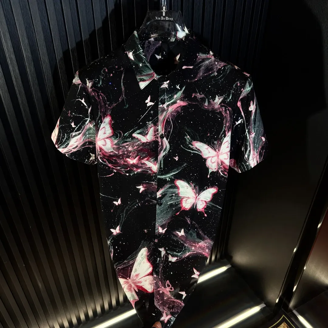 Pink Rhinestone-Embellished Butterfly Ice Silk Shirt
