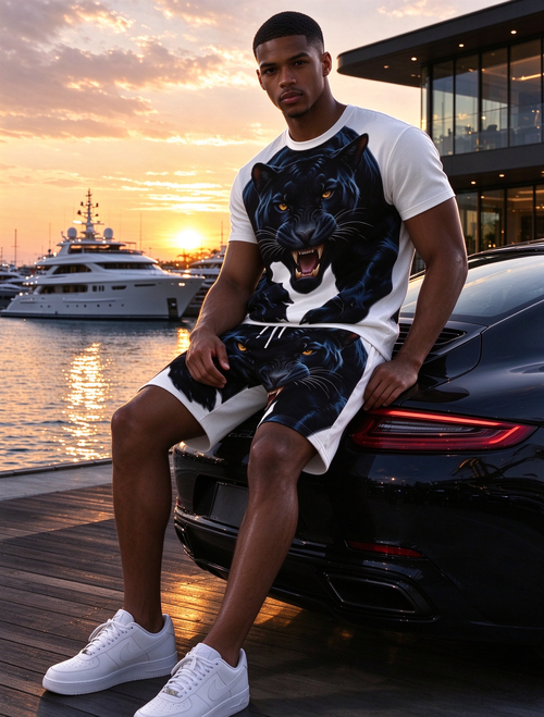 Black Panther Pattern Short Sleeve Shorts Set