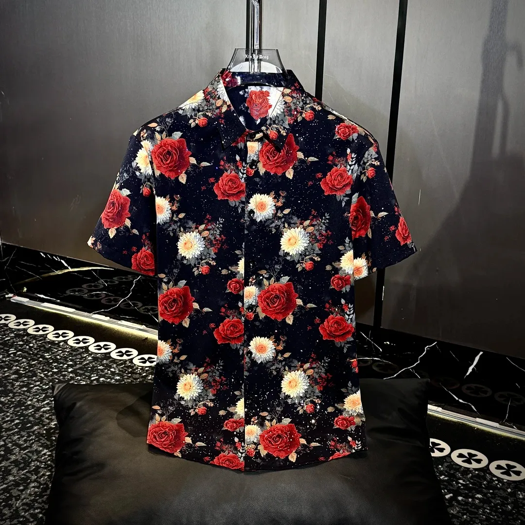 Bright red rose-print ice silk shirt