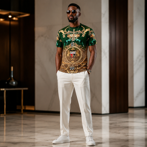 High-end, affordable-luxury, royal-style yellowish-green T-shirt