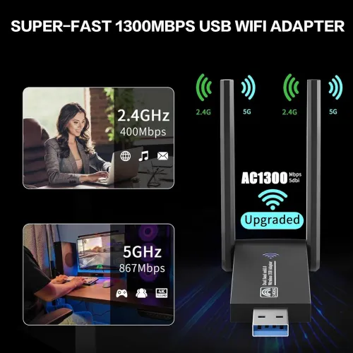 1300Mbps USB WiFi Adapter Dual Band 5GHz 2.4GHz Wireless Network Card Double High Gain Antenna USB3.0 WiFi Dongle Internet Receiver for PC Laptop Desktop Support Windows 11 10 8 7 Vista XP