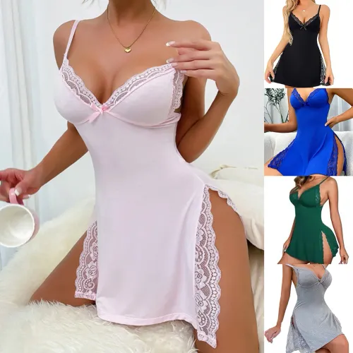 Women's Fashion Sexy Lingerie With Perspective Erotic Pajamas Slip Mini Dress Dresses Halter Soft Sleep Nightgown Homewear