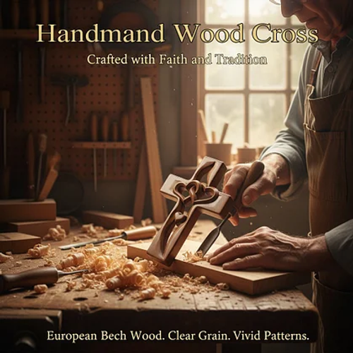 Hand-carved wooden wall decoration with a heart-shaped cross