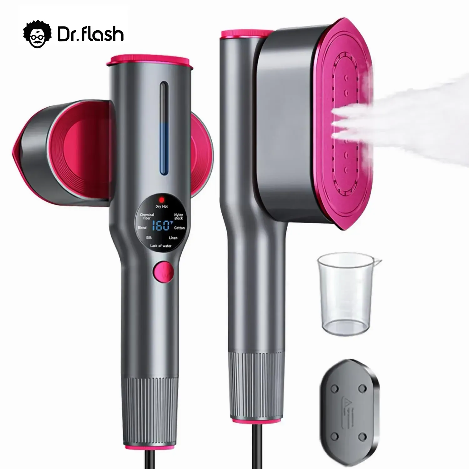 Dr.Flash handheld garment steamer, portable travel steam iron for clothes, LED display and 7 modes, 5-second rapid preheating, 90° rotating handle.