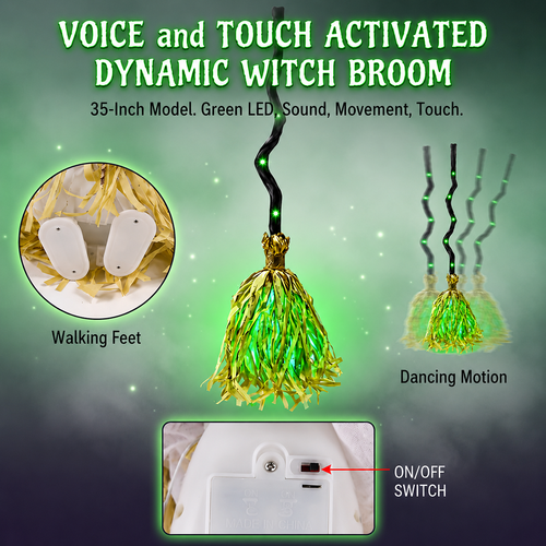 35-inch Witch's Broom Halloween Decoration—Movable, with Sound, Touch-Activated Lighting, and a Dancing Broom