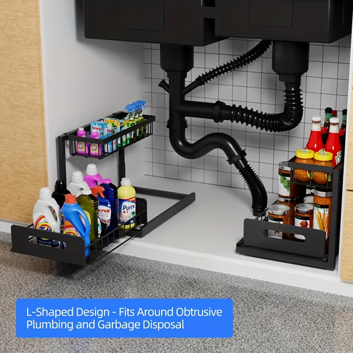 2-Tier Sliding Under Sink Organizer, Rustproof Metal Storage Rack for Kitchen & Bathroom Cabinet