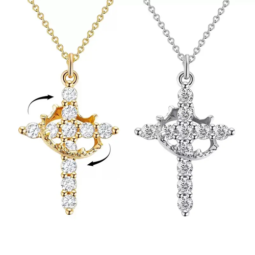 2pcs Luxury Zircon Gold Color Crown Cross Necklace For Women Couples Rhinestone Pendant Necklace Clavicle Chain Jewelry Prayer Gift