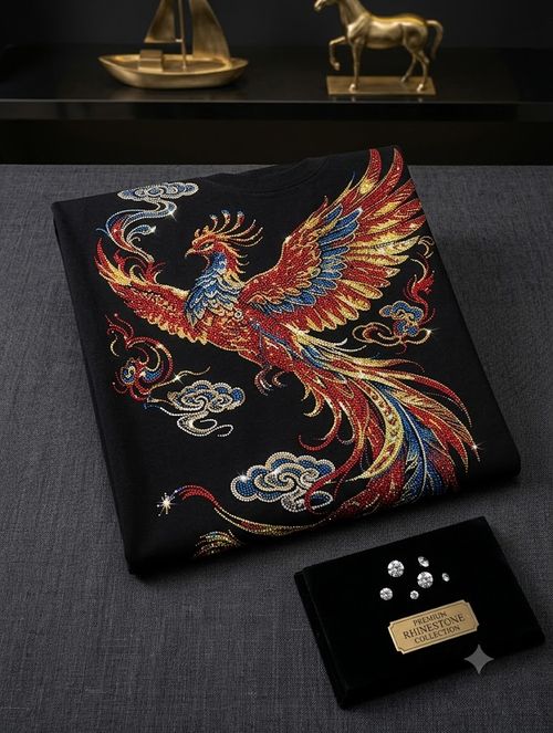 Men's T-shirt with Gilded Auspicious Phoenix and Cloud Rhinestone Design