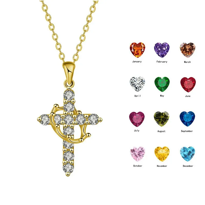 3PCS Delicate Rotatable Crown Zircon Cross Pendant Necklace for Women Stainless Steel Chain Birthstone Necklace Jewelry Birthday Gift