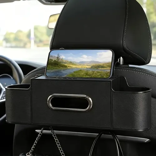 Car Seat Back Multifunctional Storage Box, Car Seat Back Tissue Box, with Water Cup Holder and Phone Holder. 2-in-1 Storage Rack
