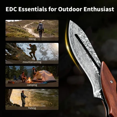 1PC Outdoor Folding Knife Mechanical Design Fixed Blade Wooden Handle EDC Pocket Knife Fishing Knife Camping Mountaineering