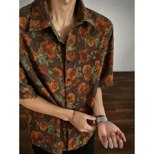 Men's Summer Ice Silk Printed Shirt, Lightweight Breathable Drape Short Sleeve, Vintage