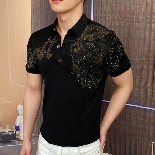 Lion Rhinestone Men's Polo Shirt Luxury Short Sleeve Casual T-shirts Slim Fit Lapel Business Formal Social Polo Tee Tops